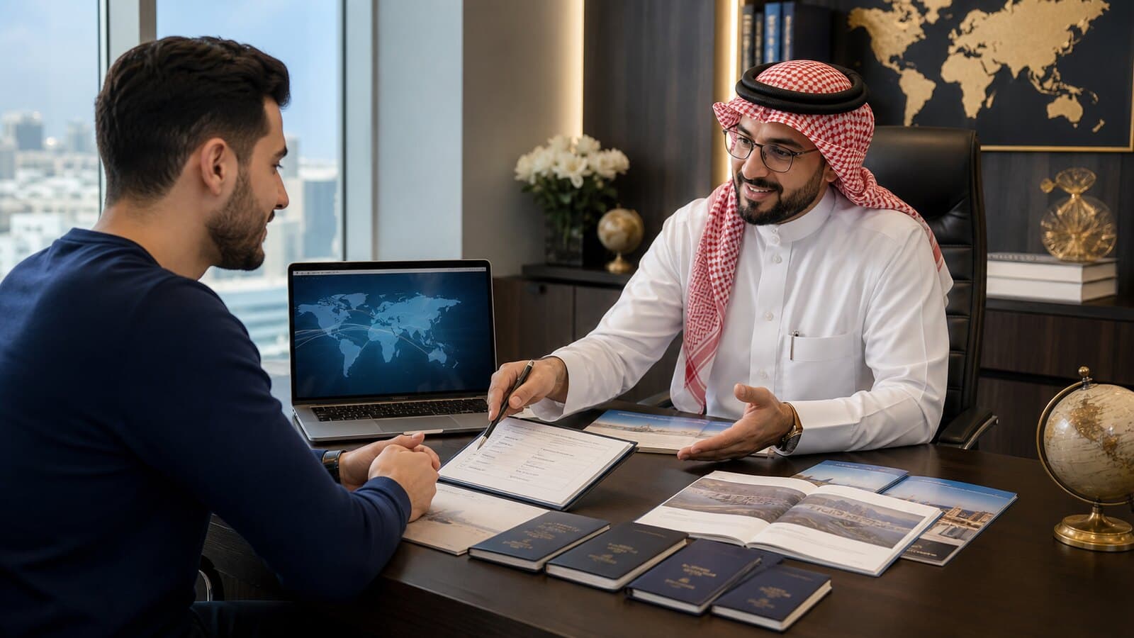 Tamkeen Zone tourist visa consultant preparing travel documents in Saudi Arabia
